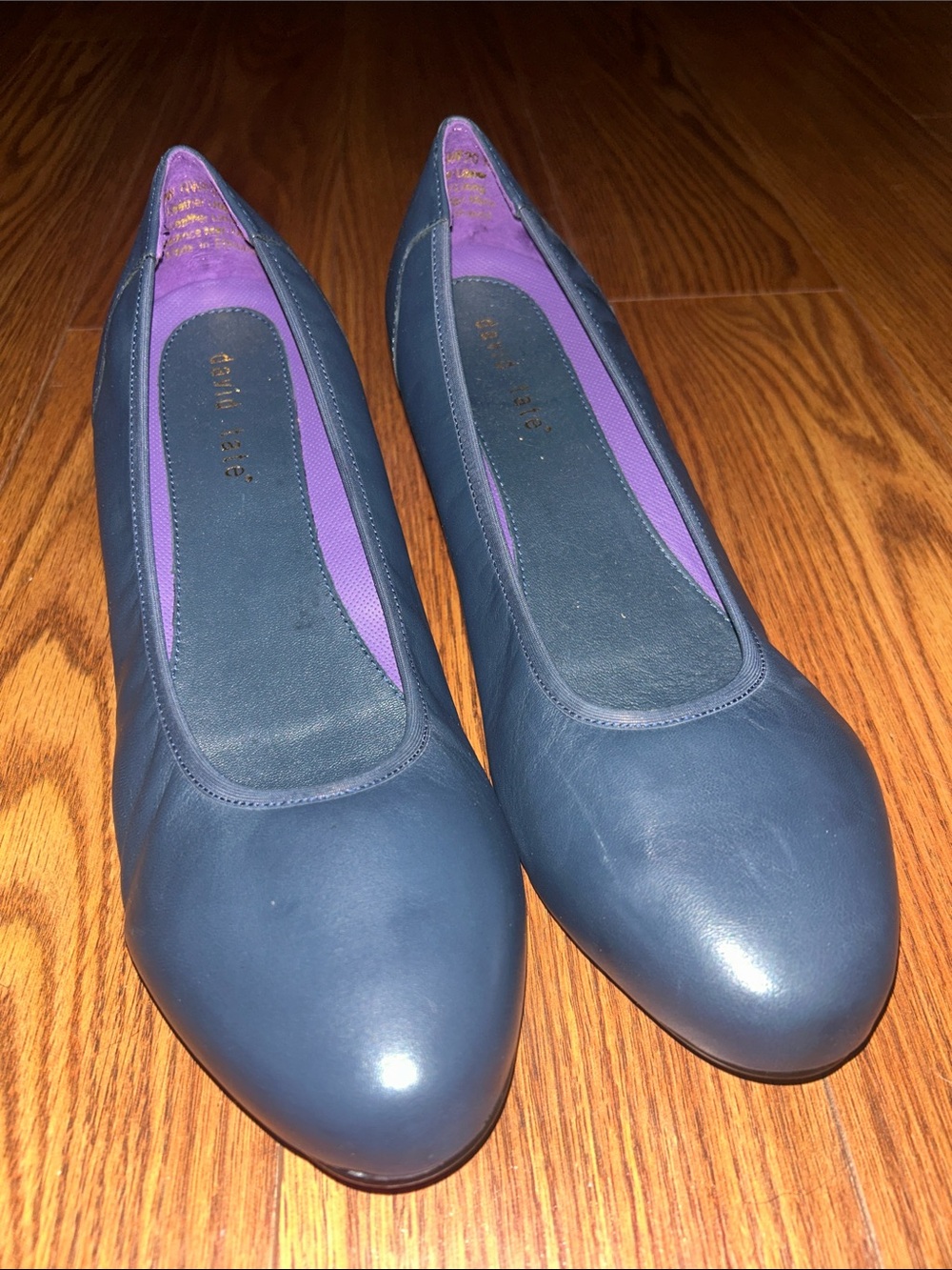 NWOT David Tate Simona Pump Block Heel Navy Tan Leather Purple Interior Wm 12WW